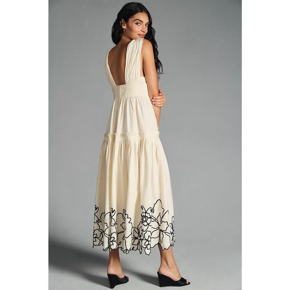 New Anthropologie Forever That Girl Tiered Deep V Cream Embroidered Dress L - Picture 3 of 12